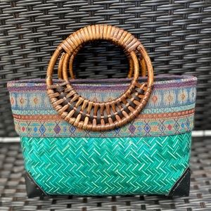 BOHO TURQUOISE HANDBAG BAMBOO STRAW & TAPESTRY Lined, w/zipper.